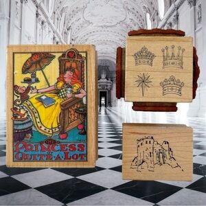 Lot of 3 Princess Themed Wood Mounted Stamps Castle Crowns